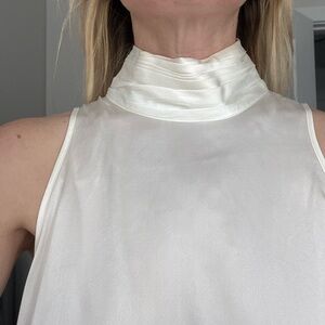 Cinq à Sept Ivory Silk Mock-Neck Sleeveless Top | Draped Collar | Size L